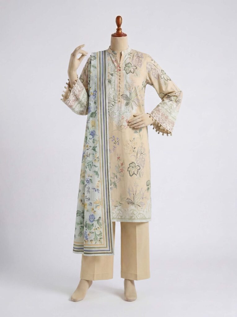 3 Piece Printed Lawn Suit - Lemon Crème