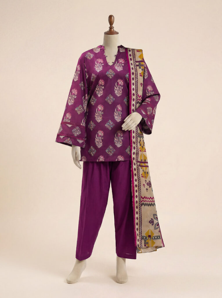 3 Piece Printed Lawn Suit - Plum Whisper