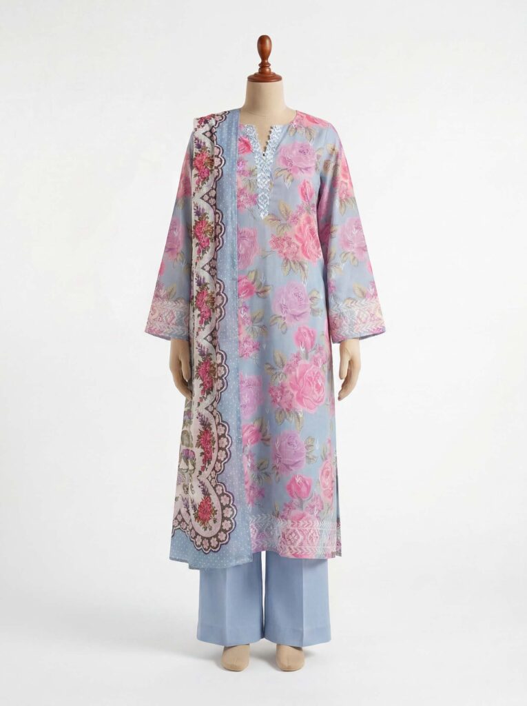 3 Piece Printed Lawn Suit - Rosette Hem