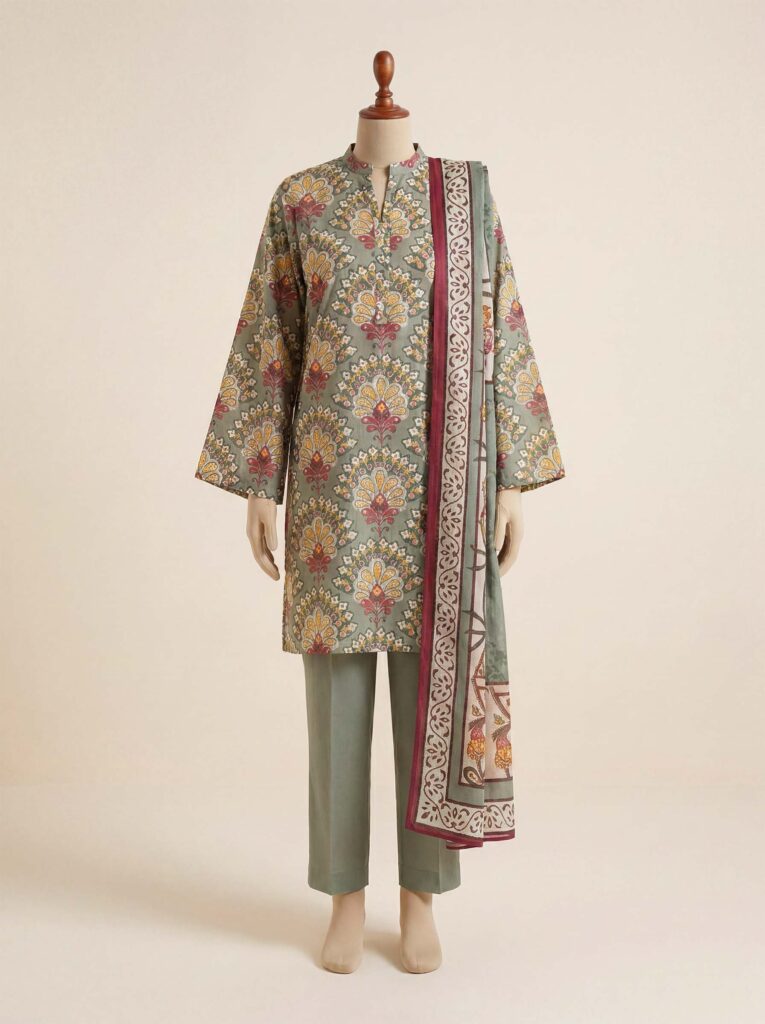 3 Piece Printed Lawn Suit - Sage Bliss